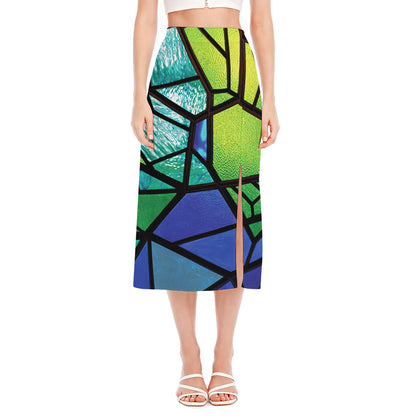 Blue And Green Stained Glass Print Side Slit Midi Skirt