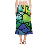 Blue And Green Stained Glass Print Side Slit Midi Skirt