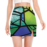 Blue And Green Stained Glass Print Side Slit Mini Skirt