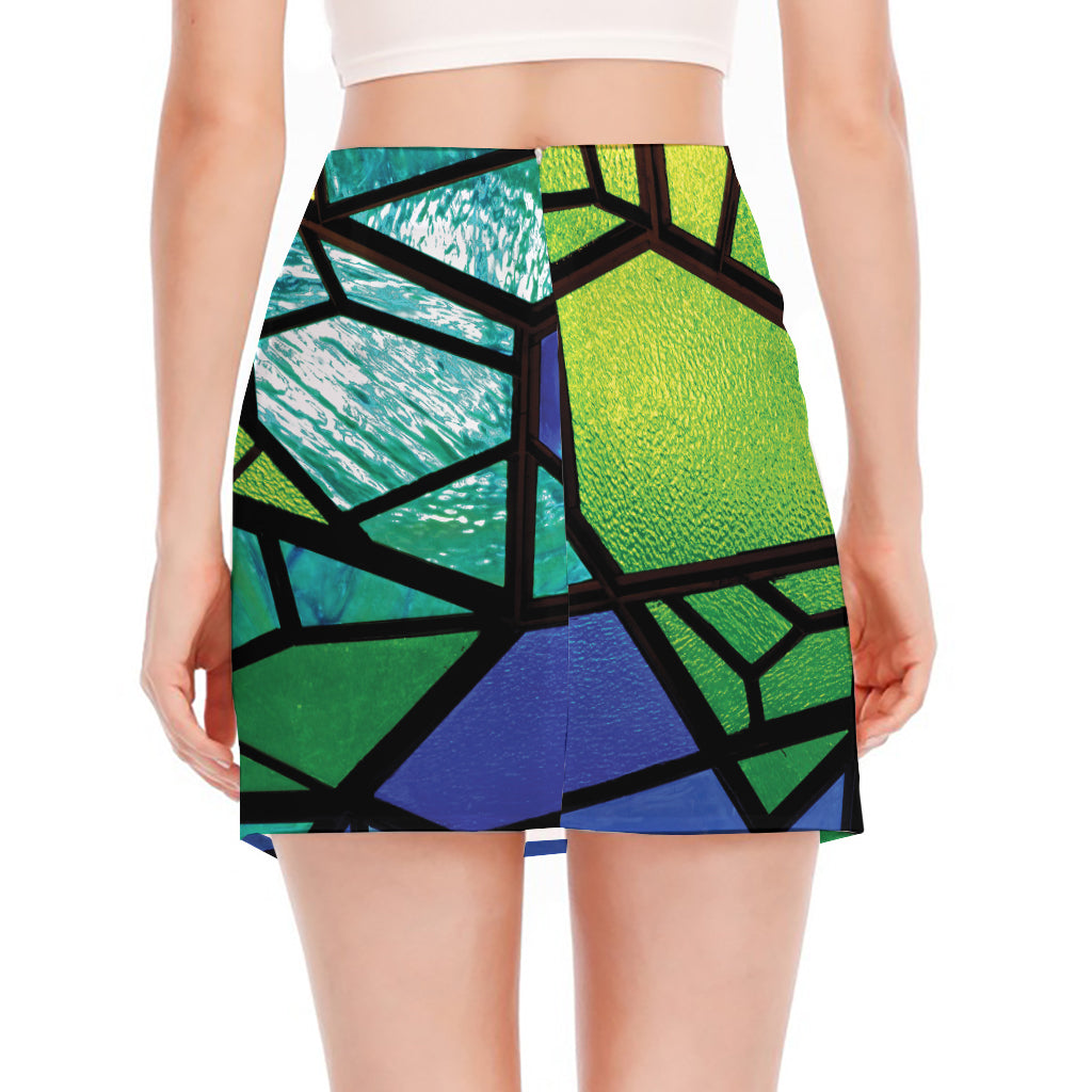 Blue And Green Stained Glass Print Side Slit Mini Skirt – GearFrost