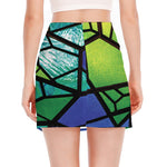 Blue And Green Stained Glass Print Side Slit Mini Skirt