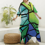 Blue And Green Stained Glass Print Silk V-Neck Kaftan Dress