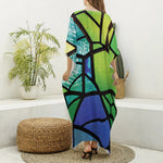 Blue And Green Stained Glass Print Silk V-Neck Kaftan Dress