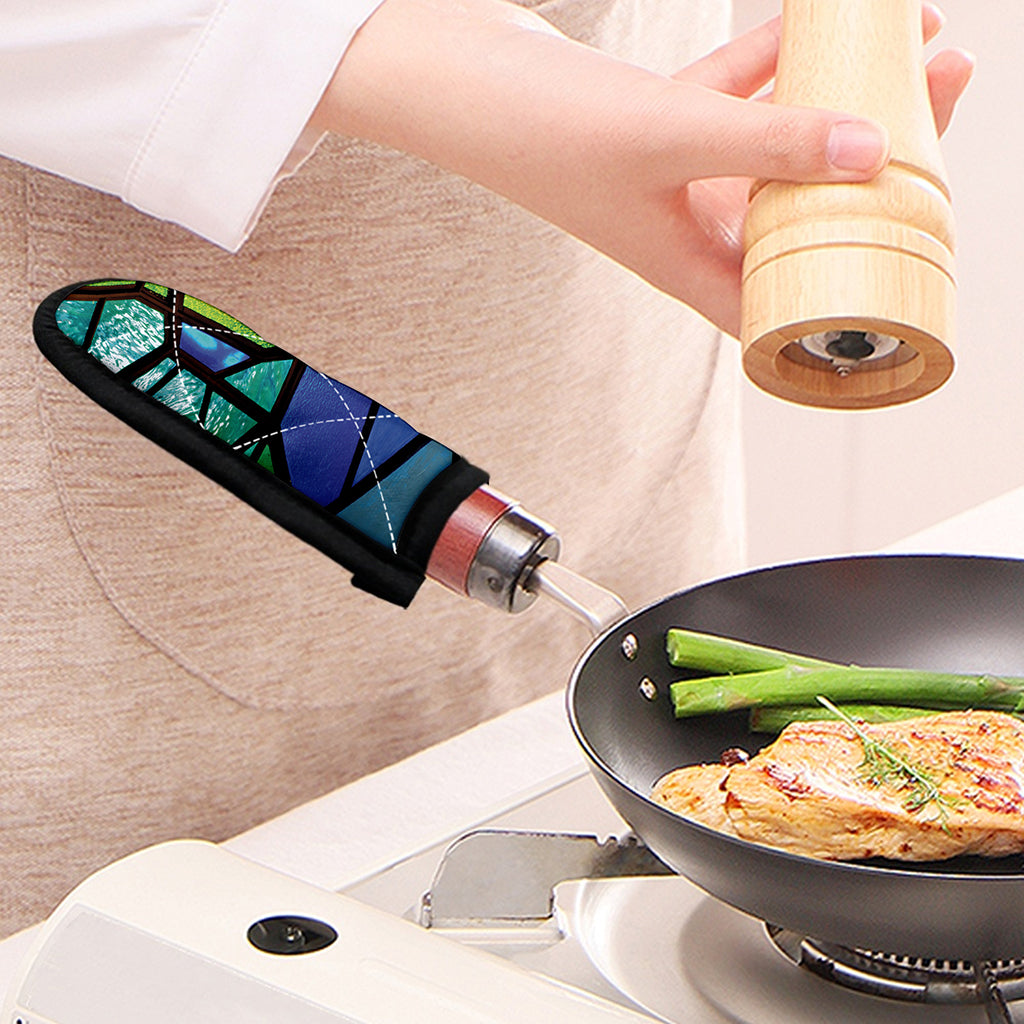 Blue And Green Stained Glass Print Skillet Handle Cover
