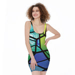 Blue And Green Stained Glass Print Sleeveless Bodycon Dress