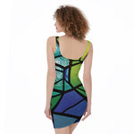 Blue And Green Stained Glass Print Sleeveless Bodycon Dress