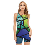 Blue And Green Stained Glass Print Sleeveless One Piece Swimsuit