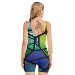 Blue And Green Stained Glass Print Sleeveless One Piece Swimsuit