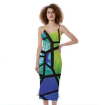 Blue And Green Stained Glass Print Slim Fit Midi Cami Dress