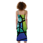 Blue And Green Stained Glass Print Slim Fit Midi Cami Dress