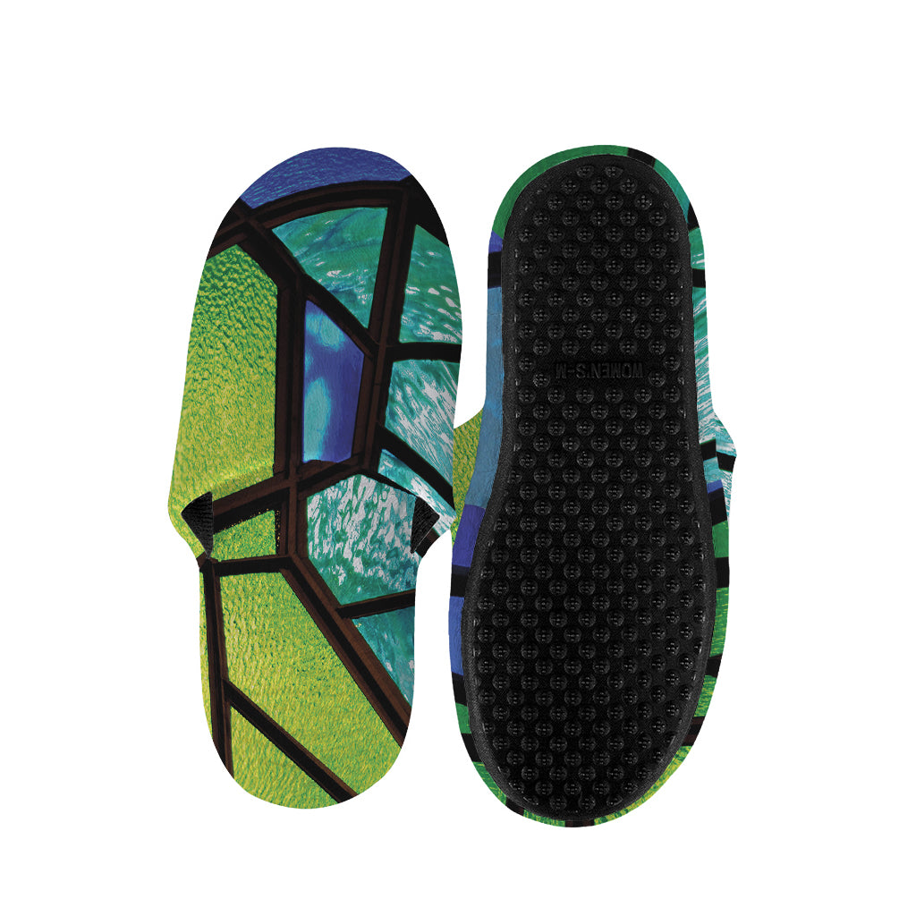 Blue And Green Stained Glass Print Slippers