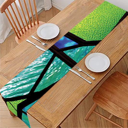 Blue And Green Stained Glass Print Table Runner