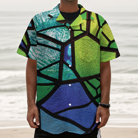 Blue And Green Stained Glass Print Textured Short Sleeve Shirt