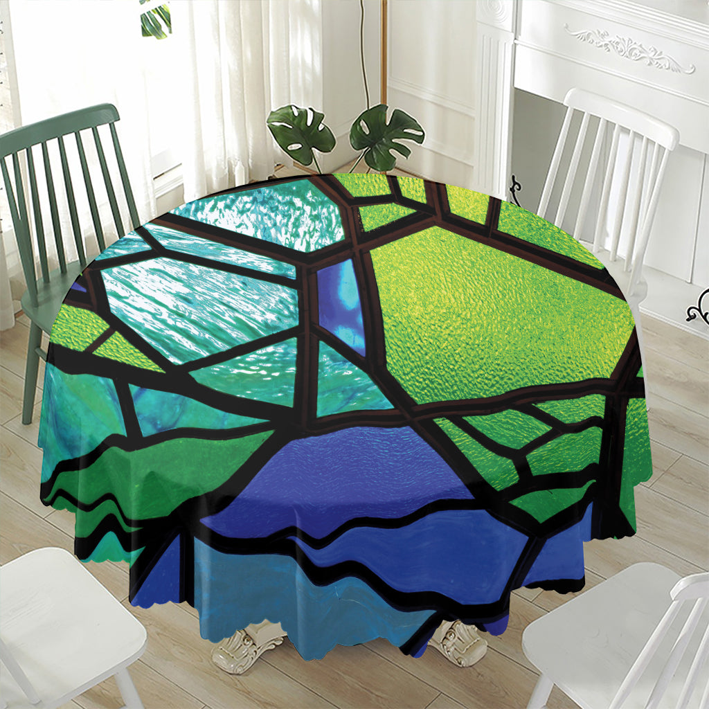 Blue And Green Stained Glass Print Waterproof Round Tablecloth