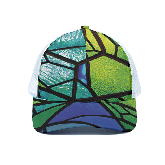 Blue And Green Stained Glass Print White Mesh Trucker Cap