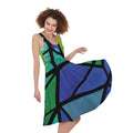 Blue And Green Stained Glass Print Sleeveless Knee Length Dress