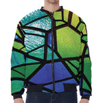 Blue And Green Stained Glass Print Zip Sleeve Bomber Jacket