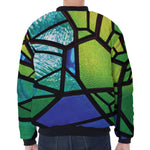 Blue And Green Stained Glass Print Zip Sleeve Bomber Jacket