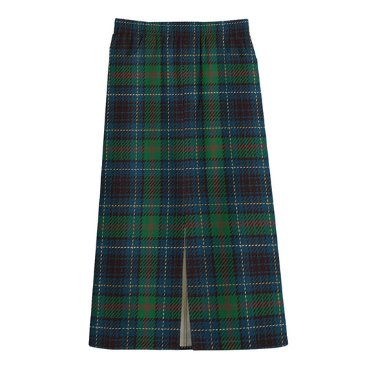 Blue And Green Tartan Pattern Print Cotton Front Slit Maxi Skirt