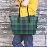 Blue And Green Tartan Pattern Print Leather Tote Bag