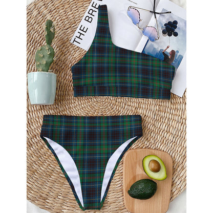 Blue And Green Tartan Pattern Print One Shoulder Bikini Top