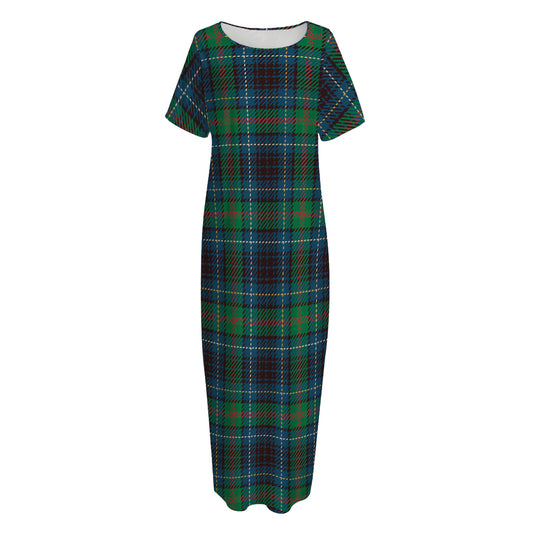 Blue And Green Tartan Pattern Print Short Sleeve Long Nightdress