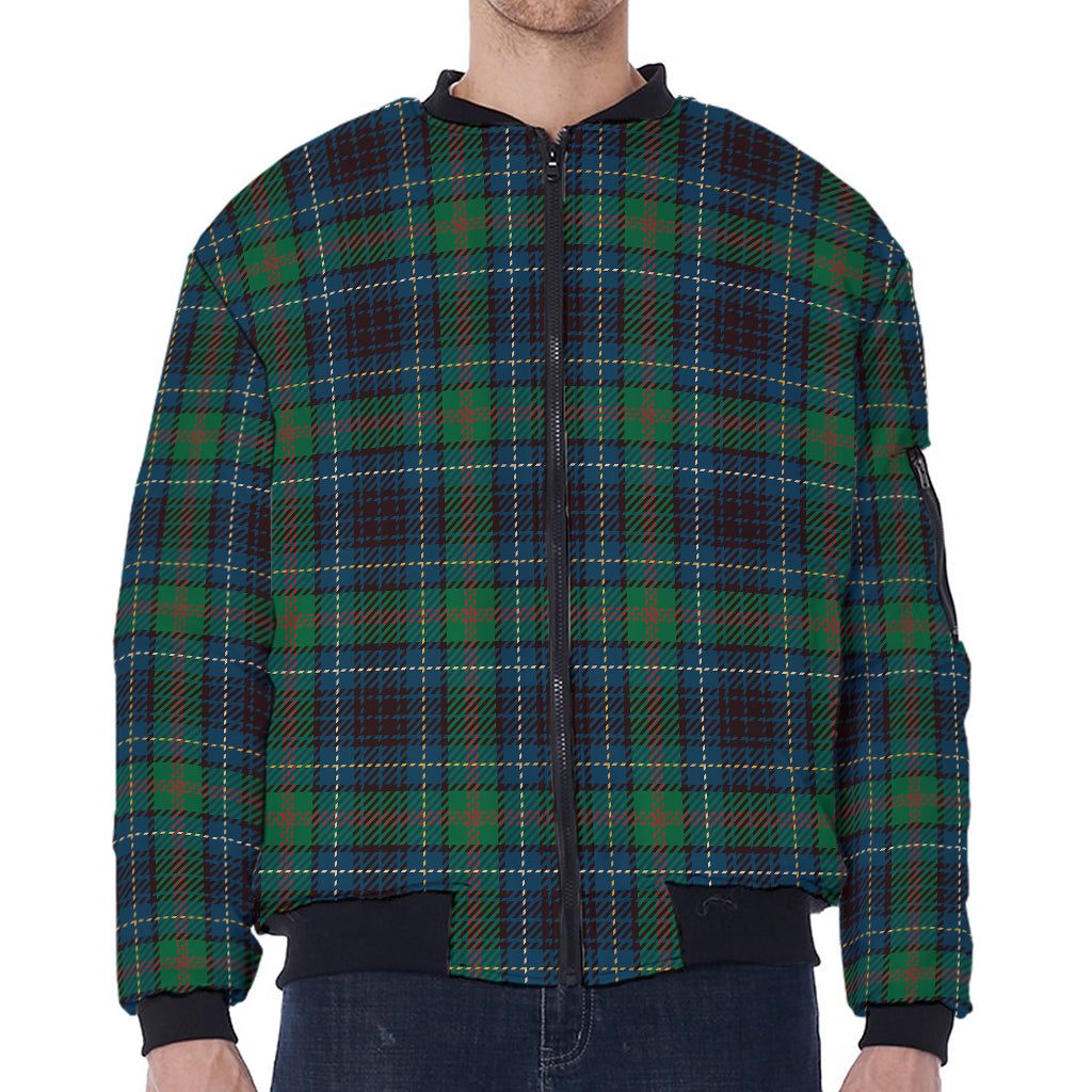 Blue And Green Tartan Pattern Print Zip Sleeve Bomber Jacket