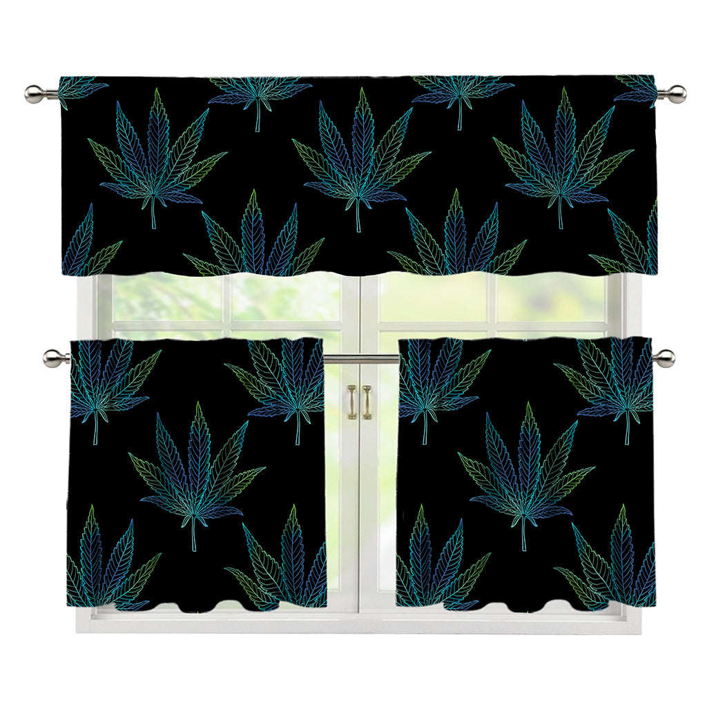 Blue And Green Weed Leaf Pattern Print 3 Piece Kitchen Curtains