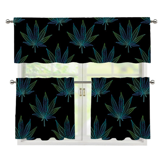 Blue And Green Weed Leaf Pattern Print 3 Piece Kitchen Curtains