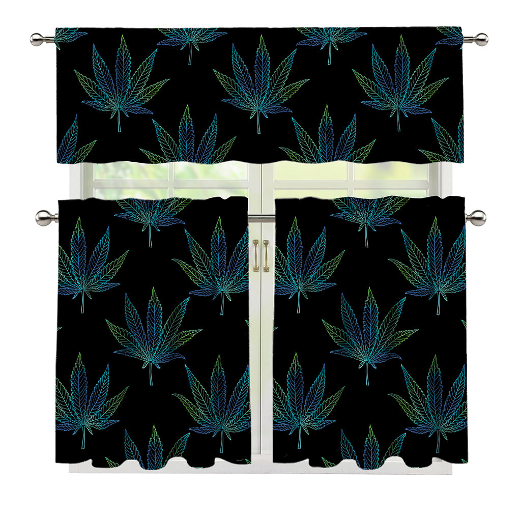 Blue And Green Weed Leaf Pattern Print 3 Piece Kitchen Curtains