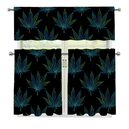 Blue And Green Weed Leaf Pattern Print 3 Piece Kitchen Curtains