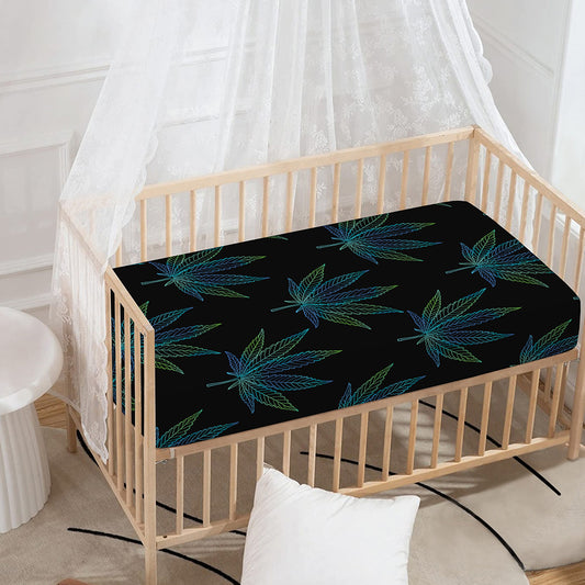Blue And Green Weed Leaf Pattern Print Baby Crib Sheet