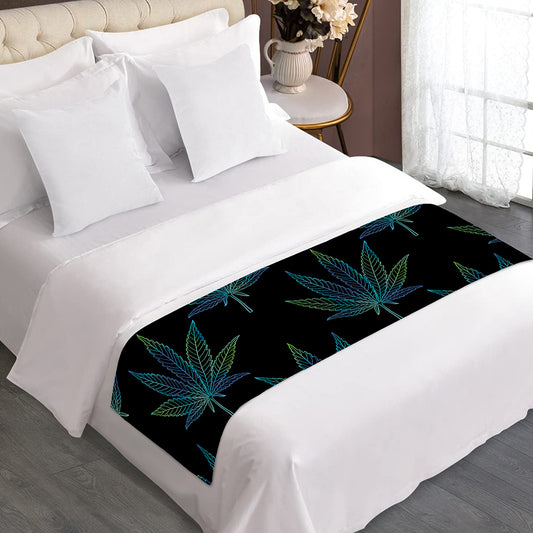 Blue And Green Weed Leaf Pattern Print Bed Runner
