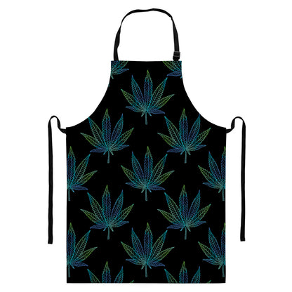Blue And Green Weed Leaf Pattern Print Bib Apron With Pocket