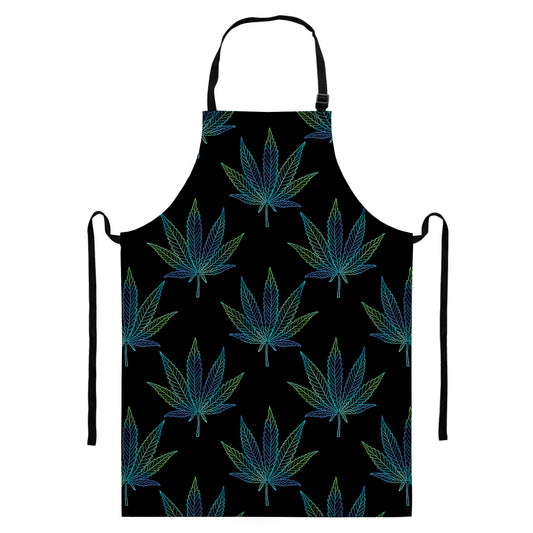 Blue And Green Weed Leaf Pattern Print Bib Apron With Pocket