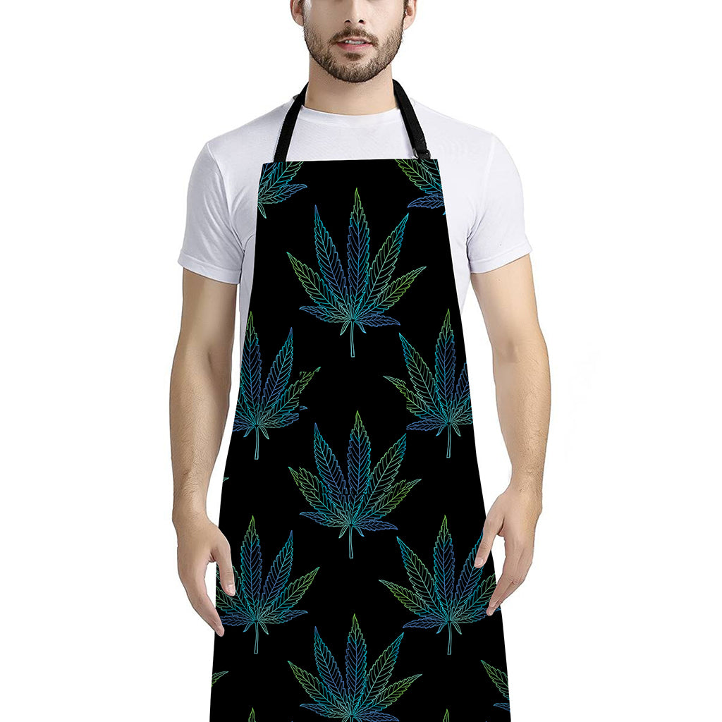 Blue And Green Weed Leaf Pattern Print Bib Apron With Pocket