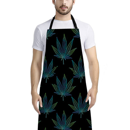 Blue And Green Weed Leaf Pattern Print Bib Apron With Pocket