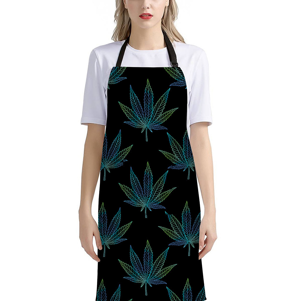 Blue And Green Weed Leaf Pattern Print Bib Apron With Pocket