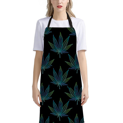 Blue And Green Weed Leaf Pattern Print Bib Apron With Pocket