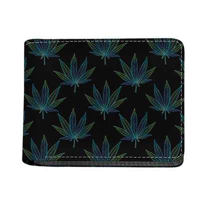 Blue And Green Weed Leaf Pattern Print Bifold Wallet