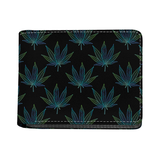 Blue And Green Weed Leaf Pattern Print Bifold Wallet