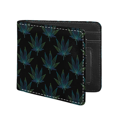 Blue And Green Weed Leaf Pattern Print Bifold Wallet
