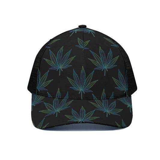Blue And Green Weed Leaf Pattern Print Black Mesh Trucker Cap