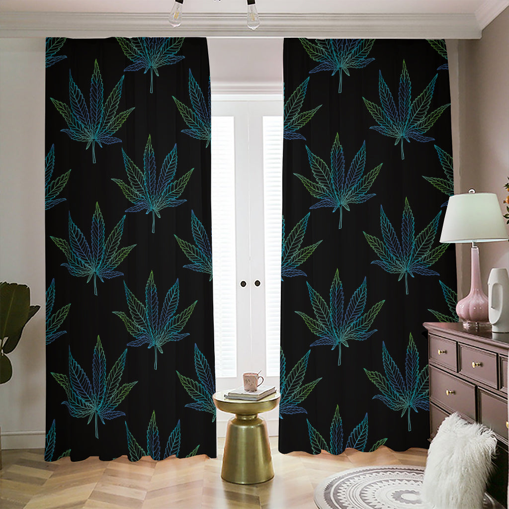 Blue And Green Weed Leaf Pattern Print Blackout Pencil Pleat Curtains