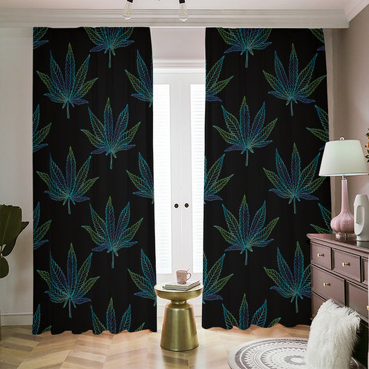 Blue And Green Weed Leaf Pattern Print Blackout Pencil Pleat Curtains