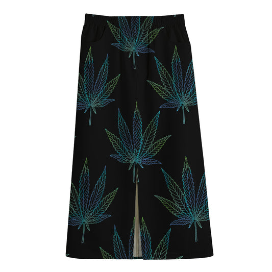Blue And Green Weed Leaf Pattern Print Cotton Front Slit Maxi Skirt