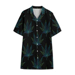 Blue And Green Weed Leaf Pattern Print Cotton Hawaiian Shirt