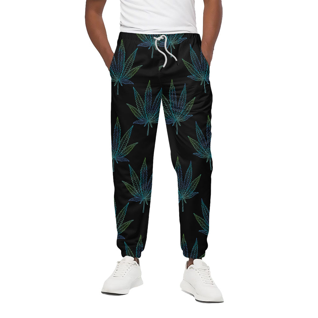 Blue And Green Weed Leaf Pattern Print Cotton Pants