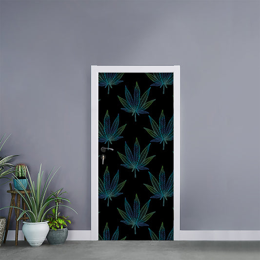 Blue And Green Weed Leaf Pattern Print Door Sticker