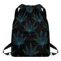 Blue And Green Weed Leaf Pattern Print Drawstring Backpack